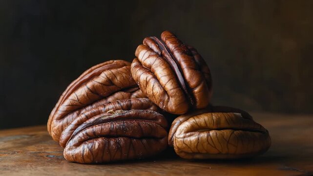 Close-Up of Five Whole Pecans, A wooden table featuring a collection of pecan nuts
