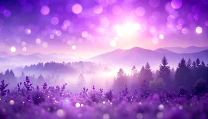 Enchanting Purple Haze Over Misty Mountains and Forest at Sunrise.