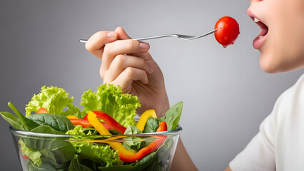 Person Eating Fresh Healthy Salad with Cherry Tomato on Fork.