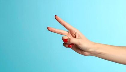 Woman Hand Showing Two Fingers Gesture Against Blue Background.