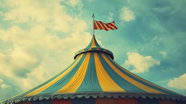 Colorful striped circus tent with a flag on top, Amethyst crystals displaying vibrant rainbow colors
