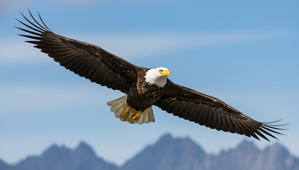Fototapeta premium Majestic bald eagle soaring with wings spread wide against a clear blue sky symbolizing freedom and power perfect for patriotic or nature themes