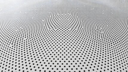 Dynamic abstract pattern of black dots on a pristine white background creating a compelling optical illusion of a wavy undulating three dimensional surface