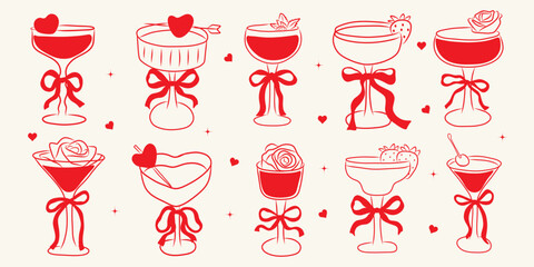 Valentine’s Day romantic cocktail doodle set. Hand drawn love drink icons with roses, strawberry and bows for greeting cards, wrapping paper, stickers, party invitations