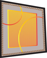 Abstract Geometric Design with Vibrant Orange Vertical Lines and Yellow Curved Accents on a Textured Grey Background