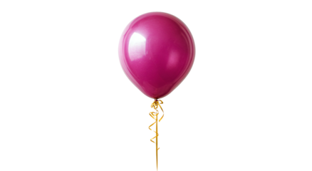A vibrant magenta balloon floats against a stark black backdrop with a golden ribbon