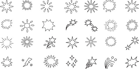 Line surprise shine ray color icon set. Hand drawn doodle color sparkle shine, surprise, sunburst frame with pop confetti ornament element collection. Comic headline decoration light ray. Vector