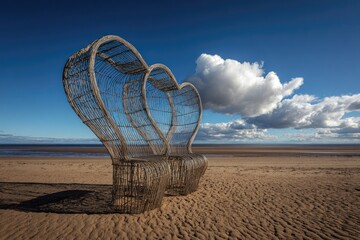 Woven heart-shaped sculptures sit on a beach under a blue sky with fluffy white clouds
