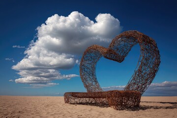 Rusty wire heart sculpture on sandy beach under puffy clouds, with blue sky