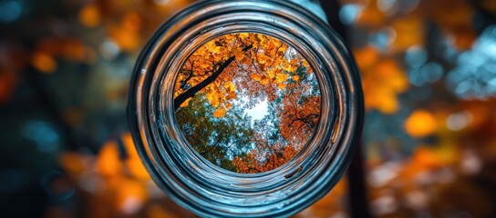 A clear glass jar's opening frames a vibrant autumn sky and colorful leaves, surrounded by blurred fall foliage