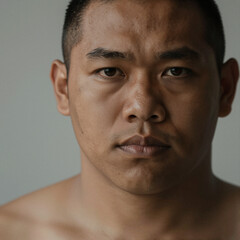 Fototapeta premium Modern minimalist portrait of a Pacific Islander man with a powerful stare, realistic skin texture, high detail