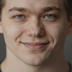 Obraz premium Close-up portrait of a Nordic young man with a warm smile and striking blue eyes