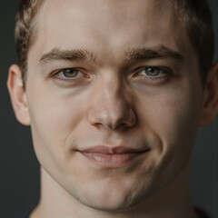 Obraz premium Close-up portrait of a smiling Nordic young man with detailed skin texture and blue eyes
