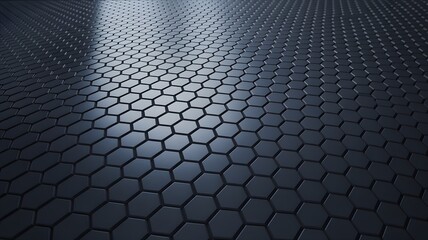 A dark gray metallic hexagonal grid pattern displaying subtle glossy reflections creating a sleek futuristic and high tech background texture ideal for modern d