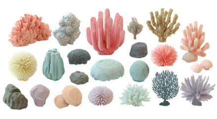 Assortment of diverse coral and rock formations on a black backdrop