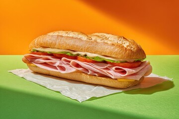 A fresh baguette sandwich with ham, cheese, tomato, and lettuce, on a parchment paper