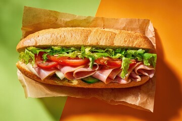A vibrant deli sandwich with various fillings on a split background