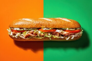 A long, filled sandwich split across an orange and green background