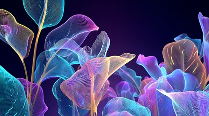 Neon vines flowing upward in a dark futuristic botanical environment with glowing purple and blue leaves and stems with glowing leaves and futuristic plants