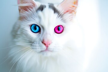 White cat with heterochromia eyes looking straight ahead calmly  beautiful feline portrait