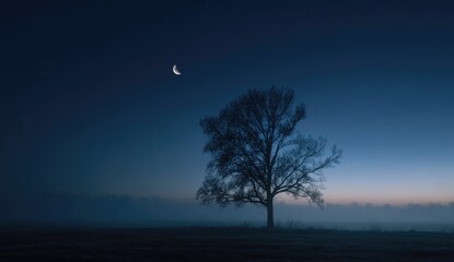 Lonely tree silhouette against a twilight sky with a crescent moon