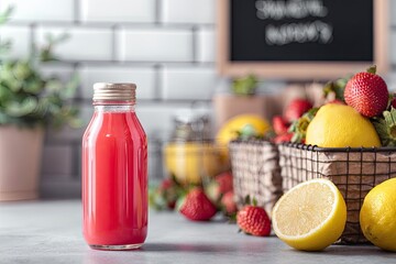 A bottle of vibrant pink drink sits near fruits and a basket on a counter