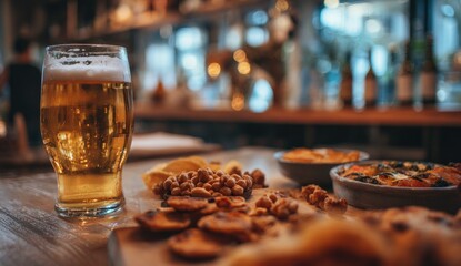 Pint of golden ale with snacks on a wooden table, blurry bar in the background