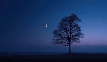 Lonely, bare tree silhouette under a crescent moon in a hazy, dusk field