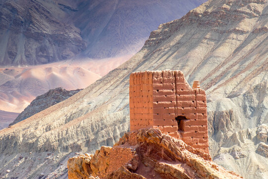 Basgo or Bazgoo, a village situated on the bank of the Indus river in Leh district, Ladakh, India. Ancient cultural and political centre, Basgo Monastery and historical ruins with Himalayan mountains. - Powered by Adobe