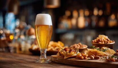 Tall glass of frothy beer and snacks on a wooden bar in a dimly lit setting