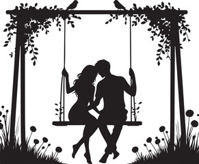 A black silhouette vector illustration of a child or woman on a park swing with circus and sport elements
