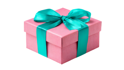 Pink square gift box with a teal ribbon tied in a bow. Simple and elegant