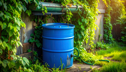 Blue Rain Barrel Collects Water Underneath Gutter in Lush Garden.