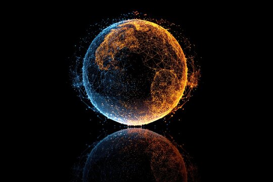 Digital Earth globe, split into blue and orange hemispheres, with reflection on black background - Powered by Adobe
