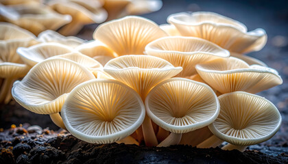 Cluster of Delicate Porcelain Fungi Growing on Forest Floor.