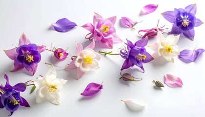 Delicate Columbine Flowers Scattered on a White Background.