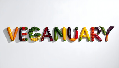 Creative Word Veganuary Formed by Fresh Vegetables on White Background.