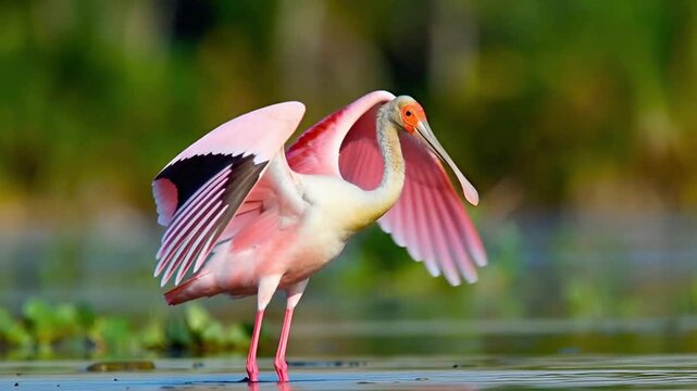 Vibrant Roseate Spoonbill Spreading Wings in Wetland Habitat