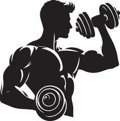 Funny cartoon illustration of a bodybuilder man lifting a heavy dumbbell in a stylized vector drawing design