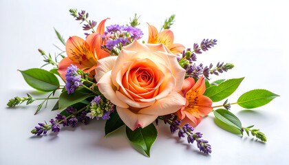 Elegant Peach Rose and Alstroemeria Floral Arrangement with Lavender Accents.