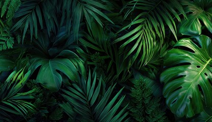 Lush, verdant foliage, vibrant greens, varied leaf shapes create a dense, natural texture