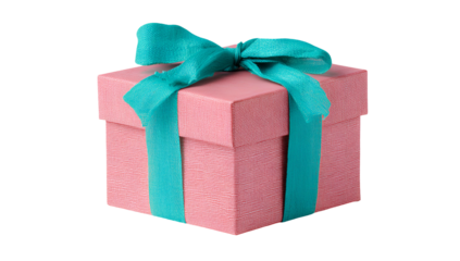 Pink gift box with turquoise ribbon and bow, presented against a black background