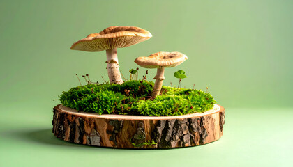 Enchanting Miniature Forest Scene with Mushrooms and Moss on a Wooden Slice.