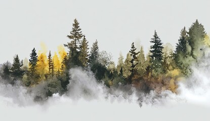 Serene watercolor of evergreen forest with misty ground and various foliage hues