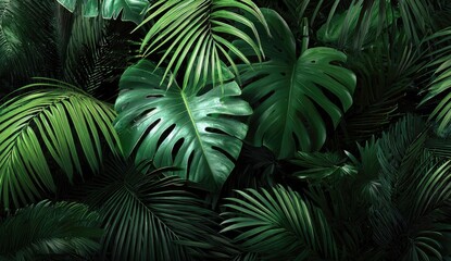 Dense, lush foliage of various tropical plants, a vibrant green display