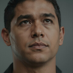 Fototapeta premium Portrait of a Hispanic Person with Hopeful Upward Gaze and Cinematic Lighting