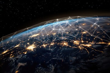 A nighttime Earth view, interconnected with a network overlay against a starry backdrop
