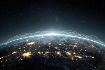 Digital connections overlay a glowing Earth view from space, stars beyond
