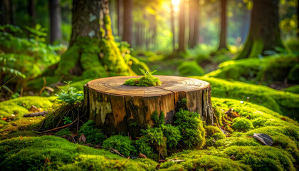 Mossy Tree Stump in Sunlit Forest Clearing.