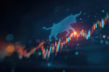 Silhouette of a bull over rising financial graph, with bokeh and dark background
